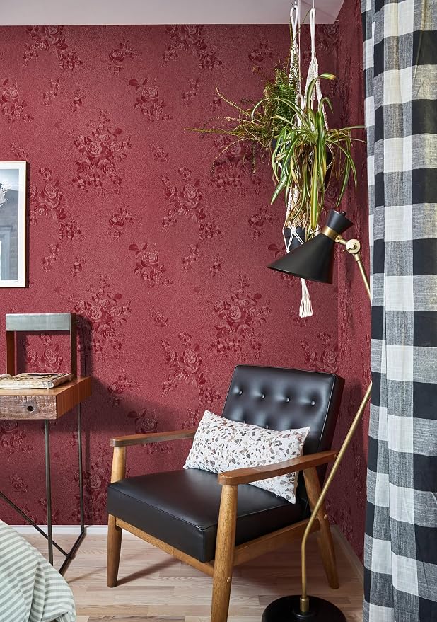 Erfoni 197"x17.7" Vintage Dark Red Wallpaper Thicken Floral Embossed Contact - Image 5