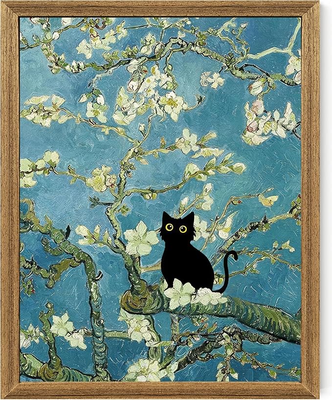 Fantasy Artists Van Gogh's Almond Blossom Funny Black Cat Canvas Wall Art by Unknown