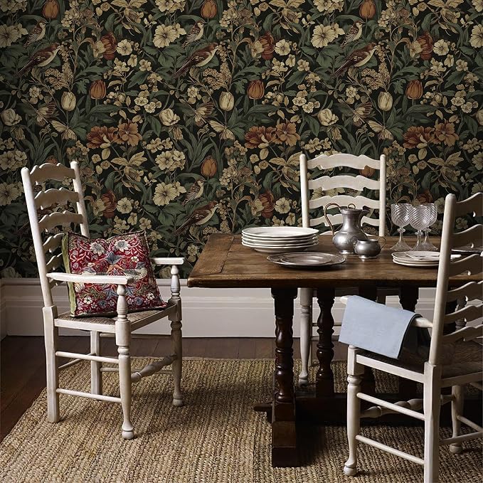 Erfoni 17.3" x118" Vintage Floral Peel and Stick Wallpaper Dark Floral and Bird - Image 2