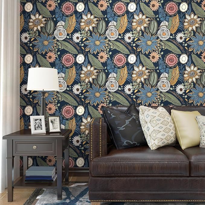 Boho Wallpaper Peel and Stick, Dark Vintage Floral Contact Paper, Retro - Image 4