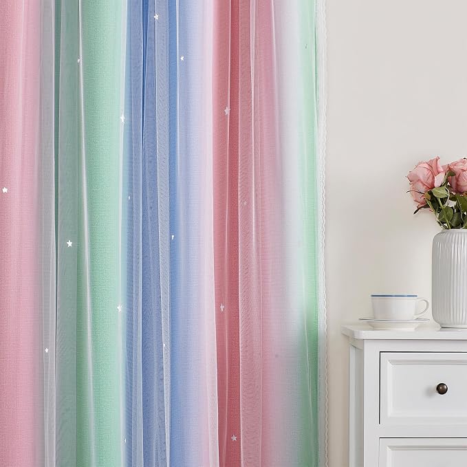 XiDi Curtains for Bedroom Decor, Rainbow Pink GreenBlue34/90/1 - Image 3