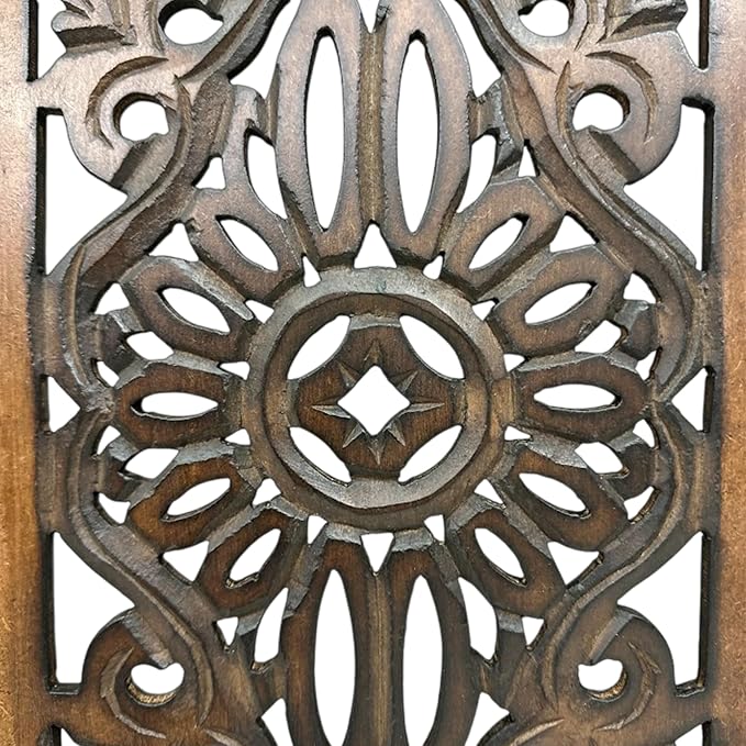 Floral Hand Carved Wooden Wall Panels Set of 2, Rustic Brown Decorative Wall Art - Image 7