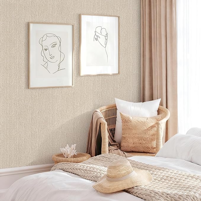 Grasscloth Peel and Stick Wallpaper Beige Contact Paper 15.7inch x 118.1inch - Image 3