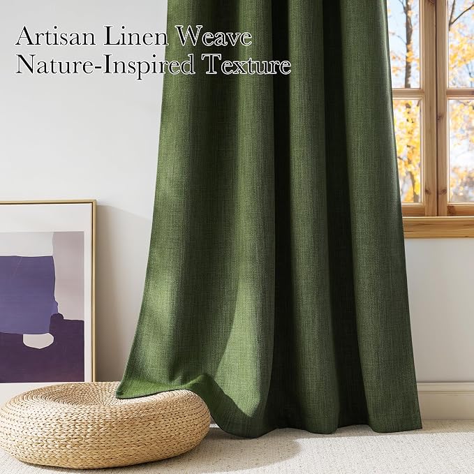 NICETOWN Short Faux Linen Froest Green Blackout Curtains 63 inches Long - Image 3