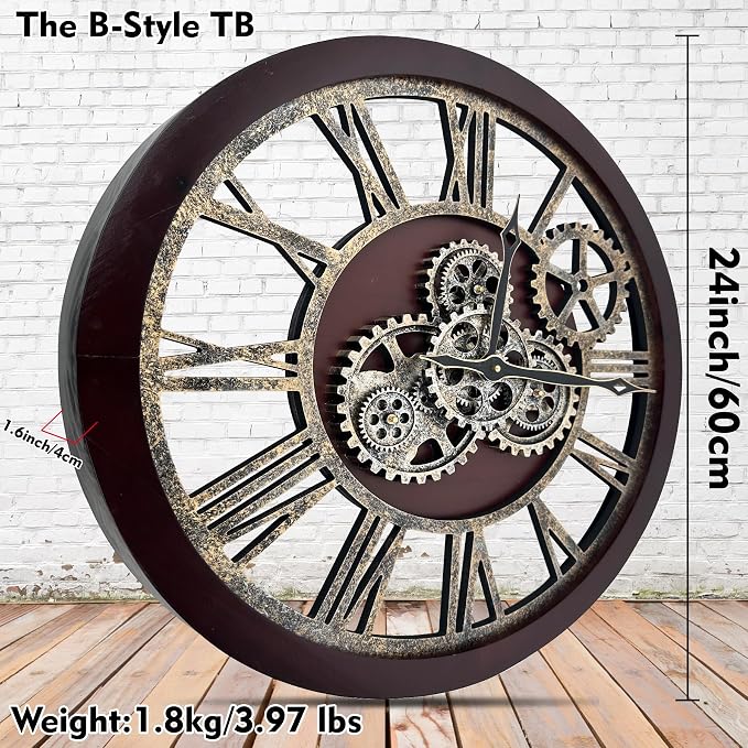 The B-Style Large Wall Clock 24 inch Moving Gear Wall Clock Oversized Vintage - Image 4