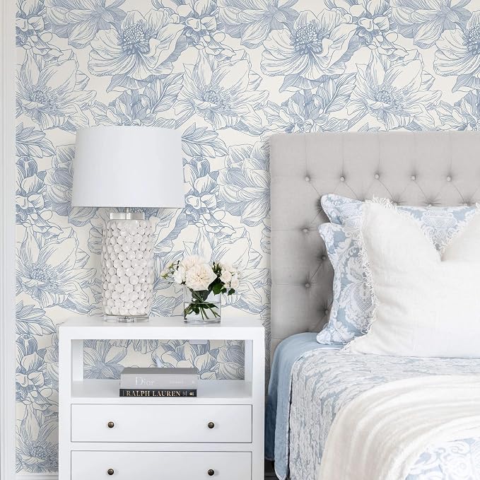 Ismoon Vintage Floral Wallpaper Peel and Stick Beige and Blue Contact Paper - Image 2