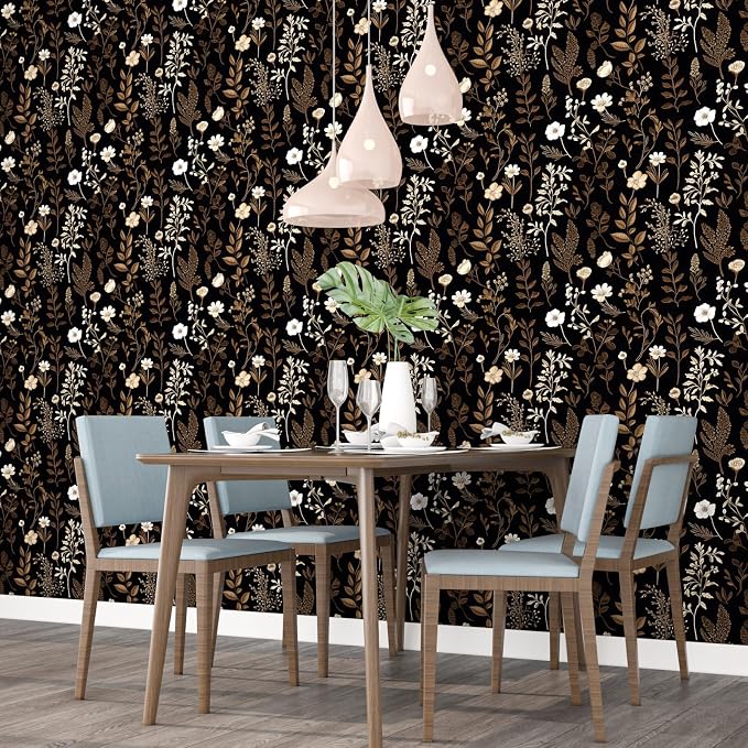 Dark Taupe Floral Peel and Stick Wallpaper, 17.5In x 197In Vintage Black Golden - Image 6