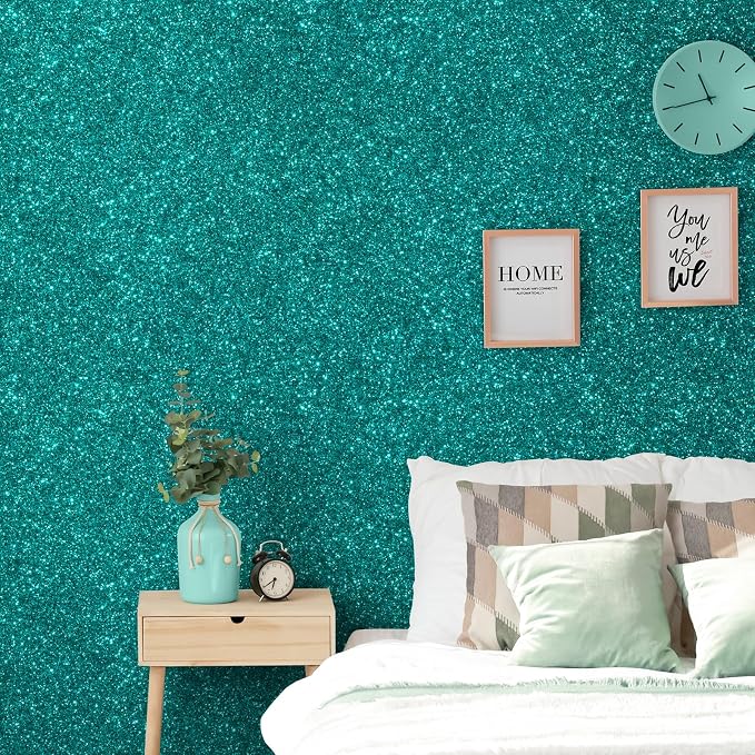 CHIHUT Teal Blue Glitter Wallpaper Stick and Peel - Image 2