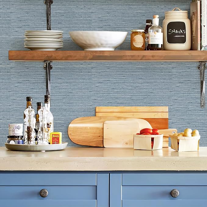 HueBurst Grasscloth Peel and Stick Wallpaper 17.3" x 197" Blue Textured - Image 3