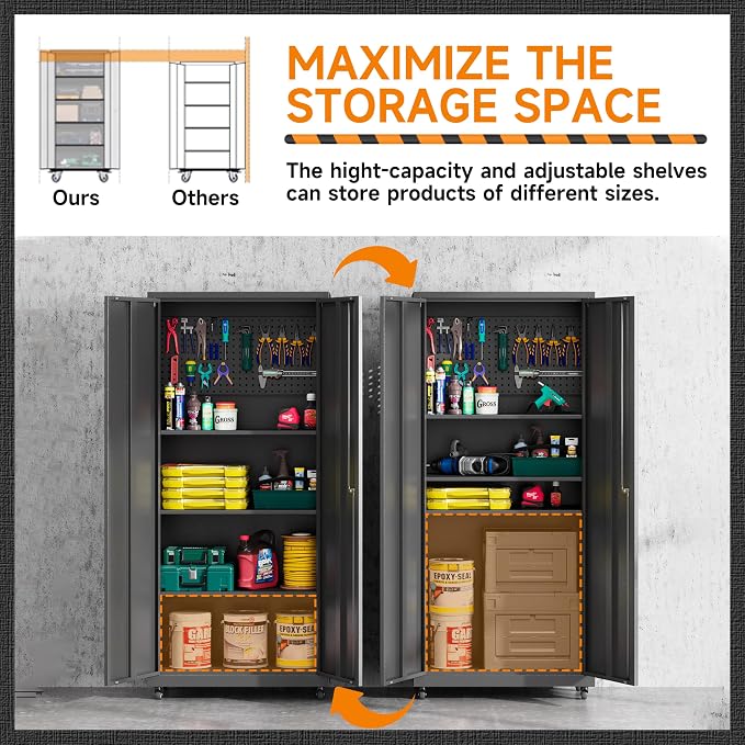 Garage Storage Cabinet with Wheels, Metal Storage Cabinet with 2 Doors and - Image 4