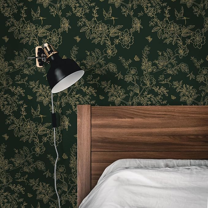 Froluya Dark Green and Gold Wallpaper Floral Peel and Stick Wallpaper - Image 5