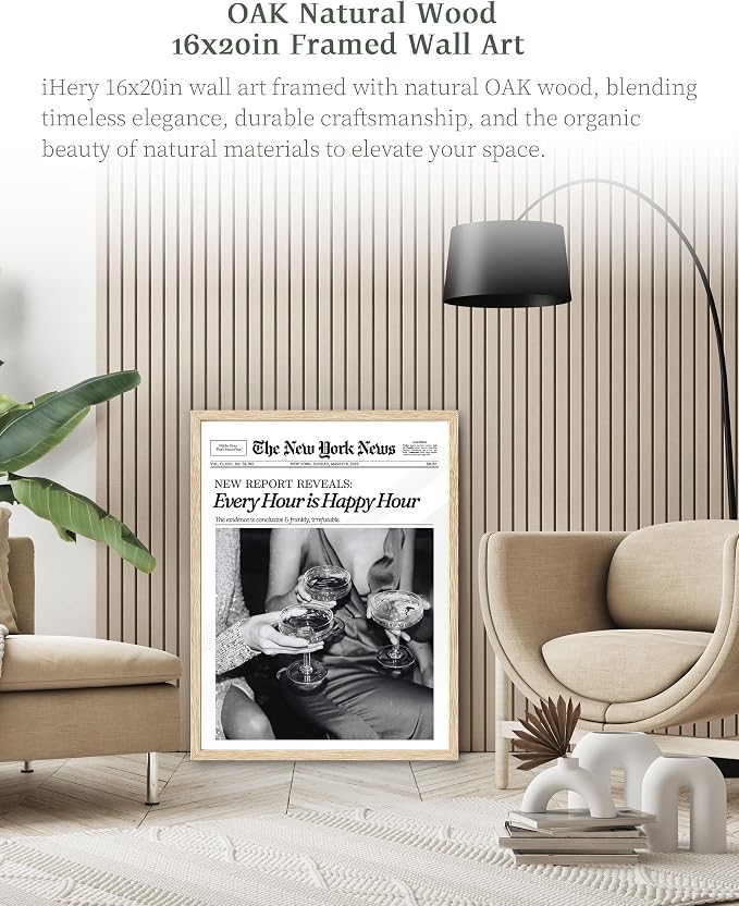 iHery Every Hour is Happy Hour Framed Trendy NewsPaper Wall Art, Natural OAK - Image 2