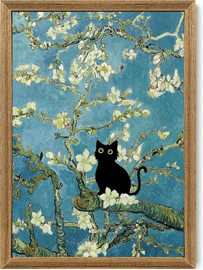 Fantasy Artists Van Gogh's Almond Blossom Funny Black Cat Canvas Wall Art by Unknown