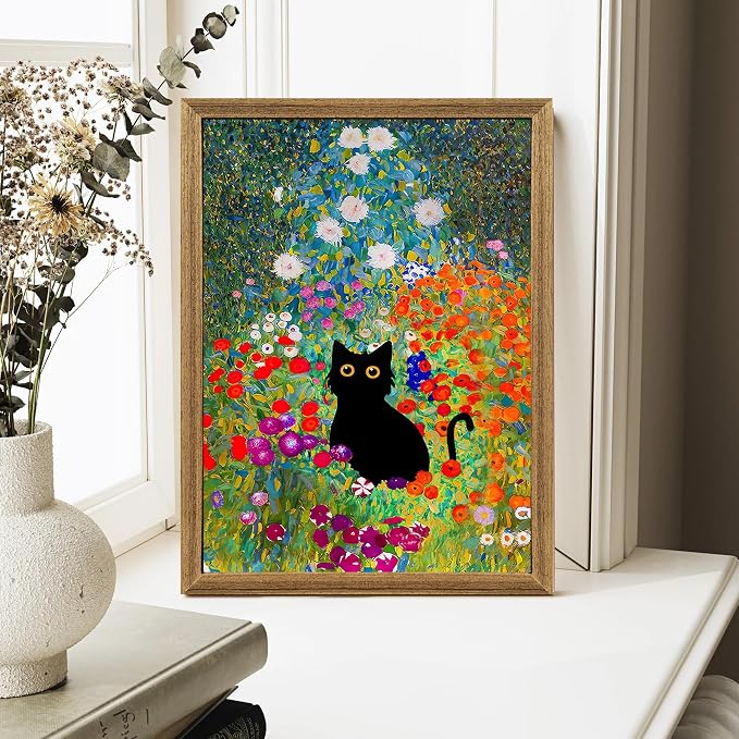 Fantasy Artists Gustav Klimt Canvas Wall Art, Framed Aesthetic Cat Floral Wall - Image 4