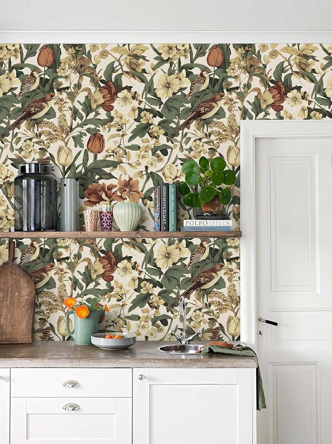 Erfoni 17.3" x 394" Birds Floral Peel and Stick Wallpaper Vintage Contact Paper - Image 4