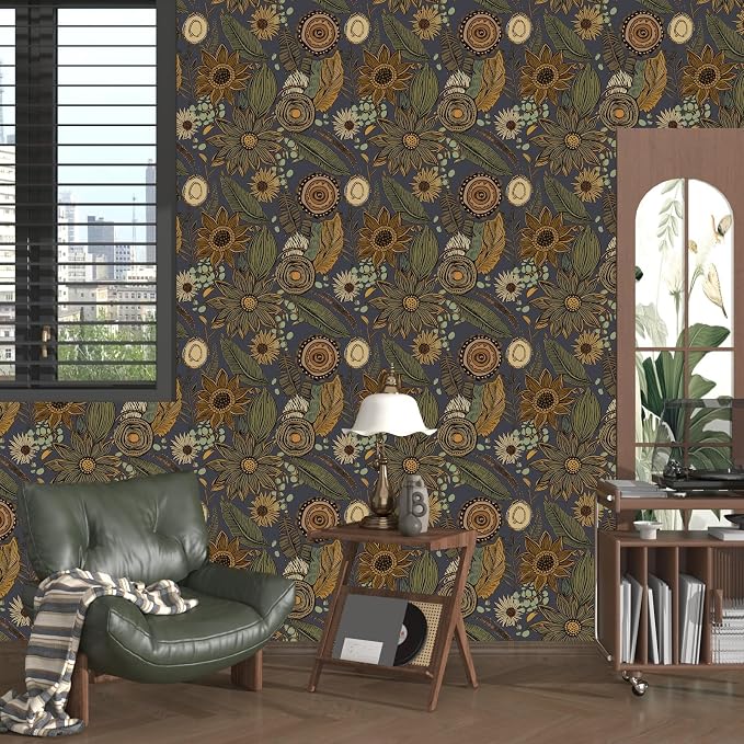 Boho Wallpaper Peel and Stick, Vintage Blue Yellow Floral Contact Paper - Image 6