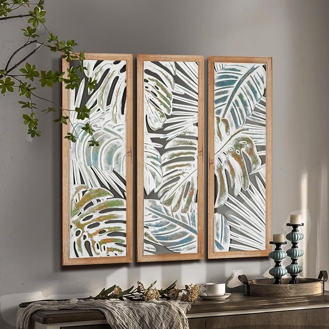 XIAOAIKA Boho Hand-Carved Wood Wall Art Decor, 35.5" Tropical Leaf Design - Image 7
