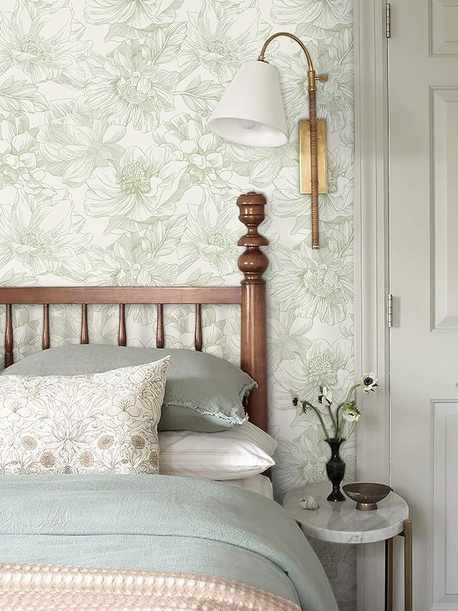 Ismoon Vintage Floral Wallpaper Peel and Stick Beige and Green Contact Paper - Image 2