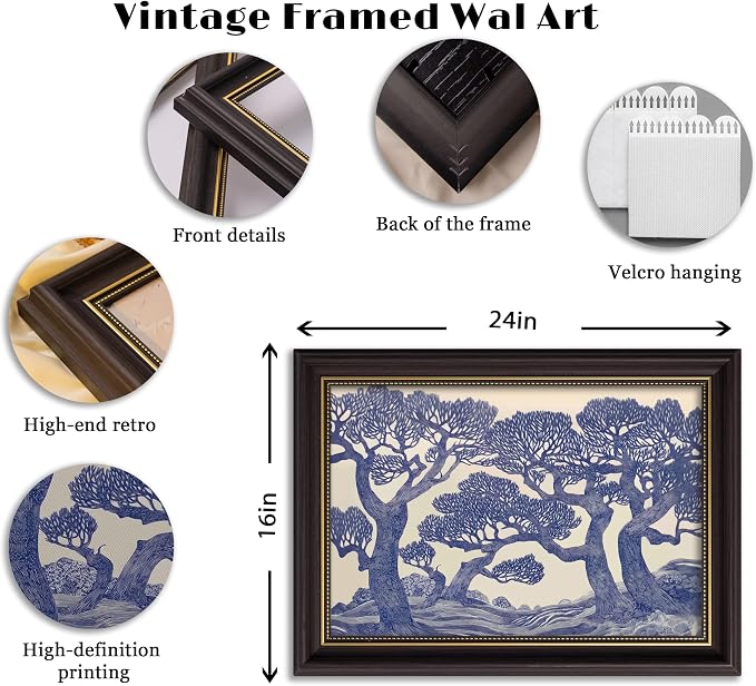 Vintage Gold Framed Wall Art Oak Tree Forest Painting Canvas Prints Blue - Image 4