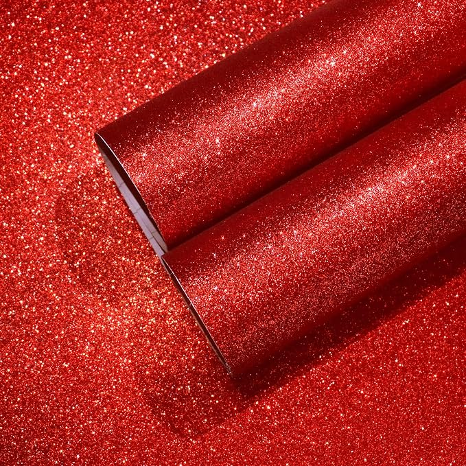 CHIHUT 15.7''x236'' Shiny Red Glitter Wallpaper Stick and Peel by CHIHUT