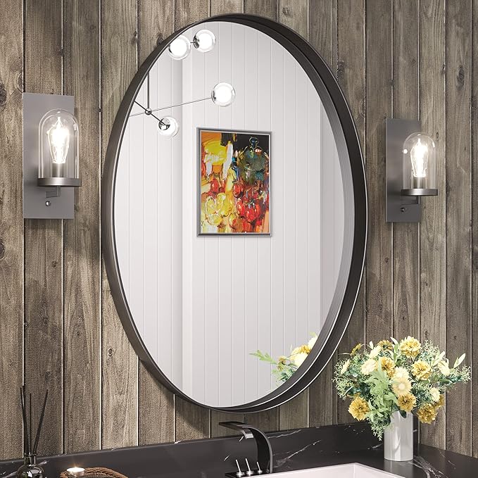 TETOTE Black Oval Bathroom Mirror, 24 x 36 Matte Black Framed Wall Mounted by TETOTE