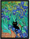 Fantasy Artists Van Gogh Irises Cat Wall Art, Framed Vintage Garden Canvas Wall by Unknown