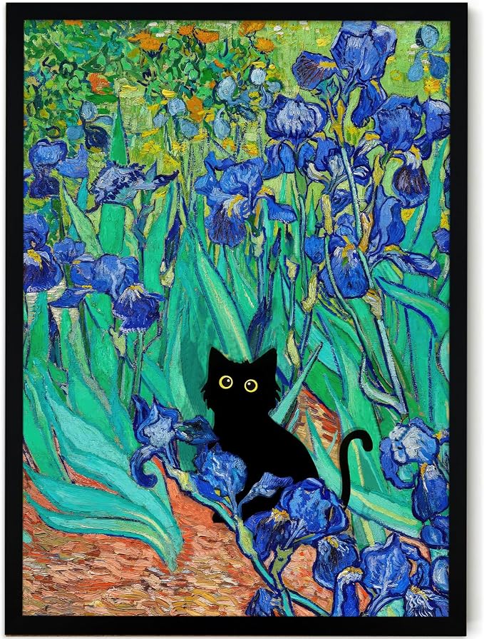 Fantasy Artists Van Gogh Irises Cat Wall Art, Framed Vintage Garden Canvas Wall by Unknown
