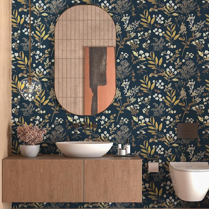 Laatse Dark Blue Leaf Wallpaper Peel and Stick Dark Floral Wallpaper - Image 2