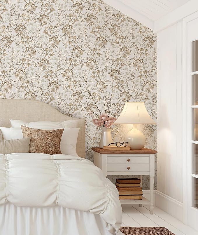 Erfoni 16.9" x197" Beige Floral Peel and Stick Wallpaper Boho Floral Leaf - Image 2