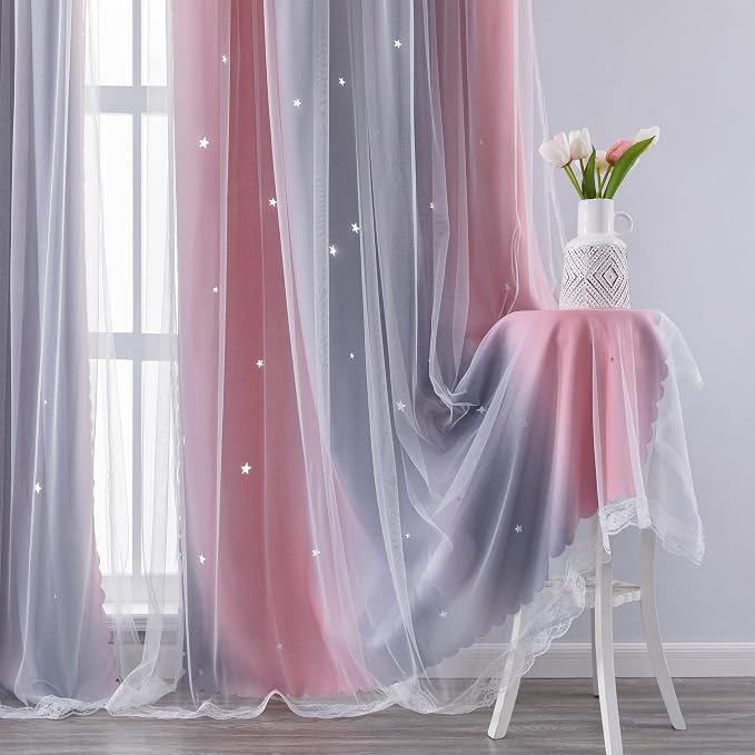 XiDi Curtains for Bedroom Decor, Rainbow Pink-Grey-52-90 - Image 4