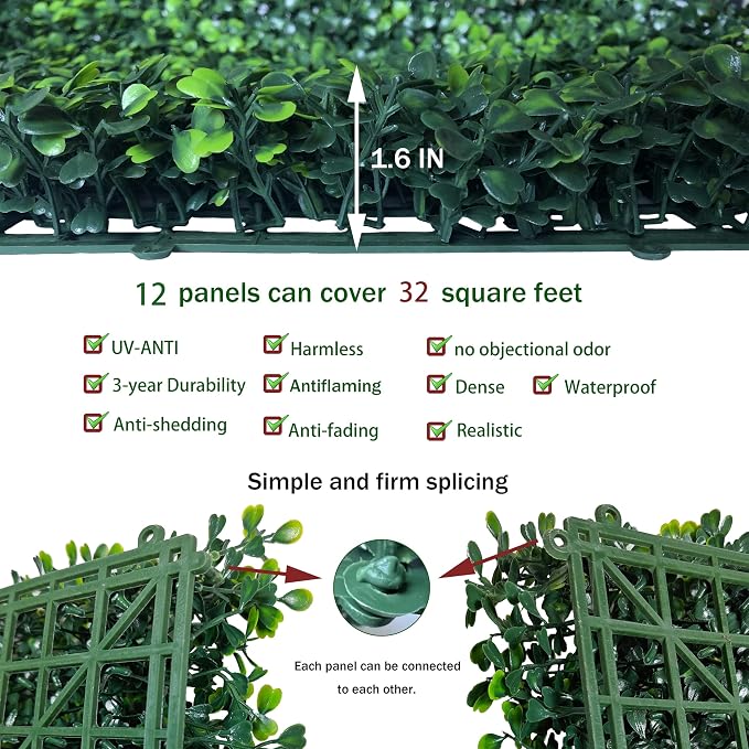 ODTORY Artificial Boxwood Hedge Wall Panels, 24 X 16 in 12P UV-Anti Faux - Image 3