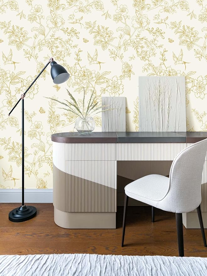 Froluya Cream White and Gold Floral Wallpaper Peel and Stick Wallpaper - Image 8