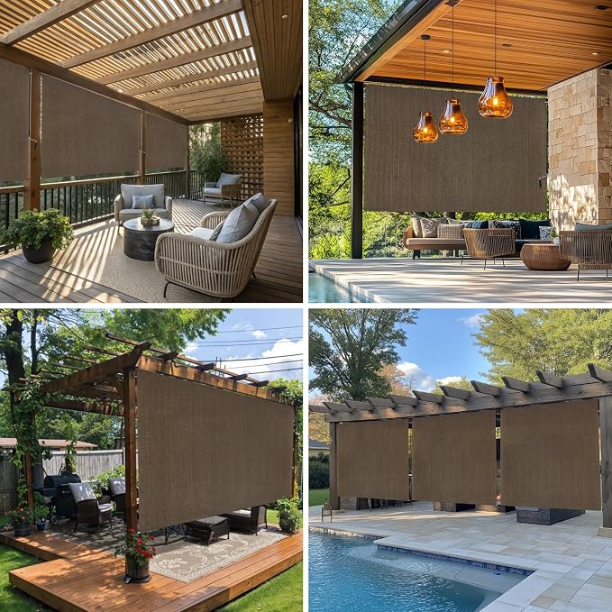 6'W x 8'H Mocha Patio Shades Roll up Outdoor Roller Shade Crank Wand Blind - Image 5