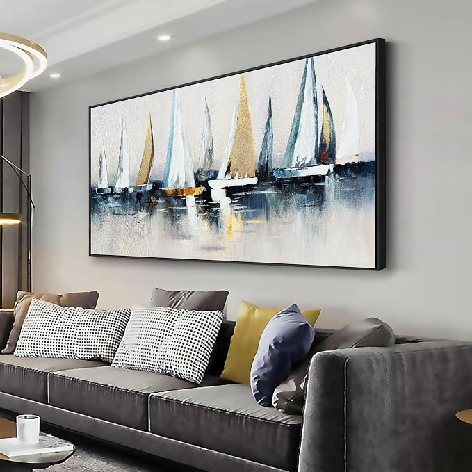 Abstract Wall Art Blue and White Sailboat Wall Paintings Framed Artwork by VHMING