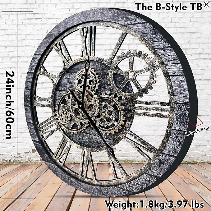 The B-Style Large Wall Clock 24 inch Moving Gear Wall Clock Oversized Vintage - Image 2