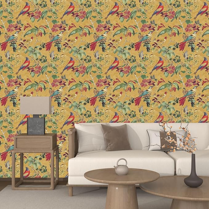 Yellow Boho Wallpaper Peel and Stick, Vintage Floral Bird Contact Paper - Image 5