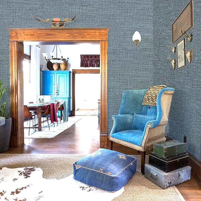 Amiya Grasscloth Wallpaper 17.3"x80" Blue Peel and Stick Faux Fabric Linen - Image 3
