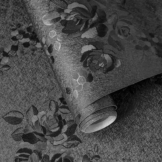 Black Peel and Stick Wallpaper 118inL 17.7inW Black Silk Embossed Floral by VisitTheLativo