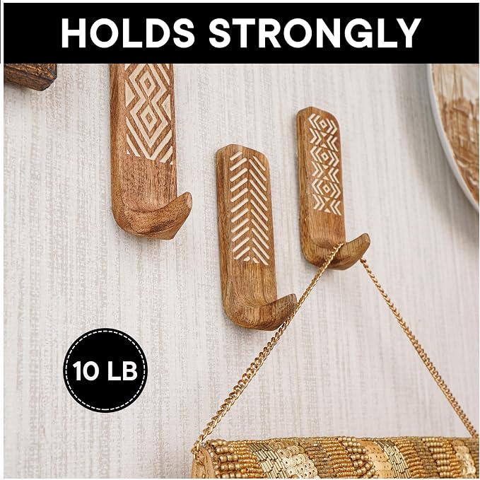Indian Shelf 10 LB Decorative Wood Adhesive Wall Hooks–Boho Peel and Stick Hooks - Image 6