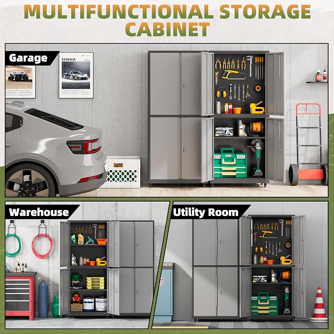 Garage Storage Cabinet with Wheels, Lockable Metal Storage Cabinet - Image 7