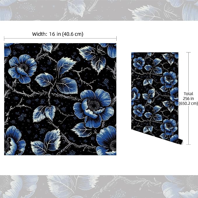 FLFK Vintage Floral Wallpaper Peel and Stick Dark Blue Flower Wallpaper 16" x - Image 2