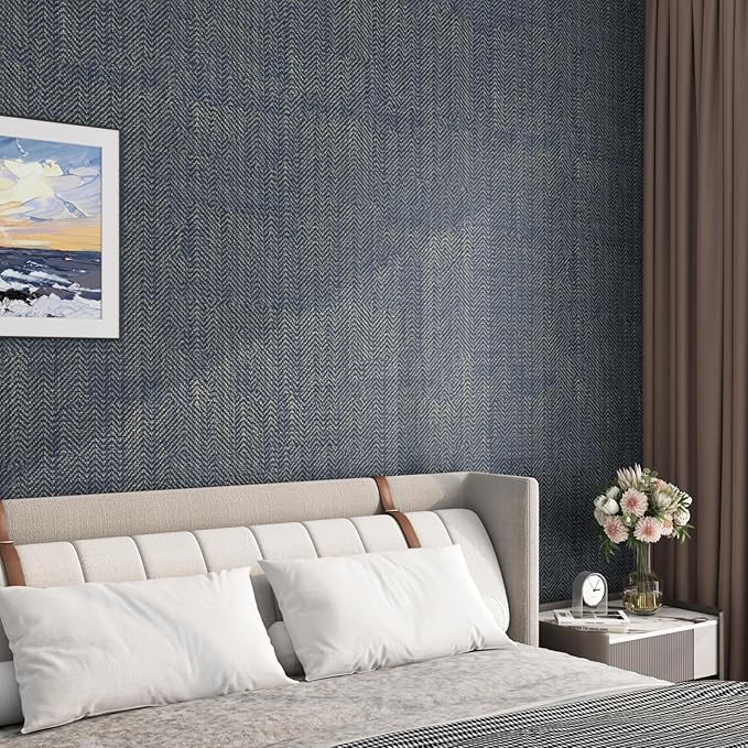 FunStick 24"x200" Dark Blue and Gold Grasscloth Peel and Stick Wallpaper - Image 5