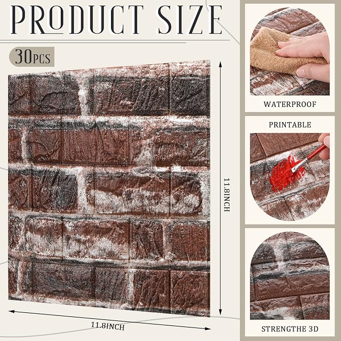 Tinlade 30 Pcs 28.81 Sq ft 3D Wall Panels Peel and Stick Foam Brick Wallpaper - Image 2
