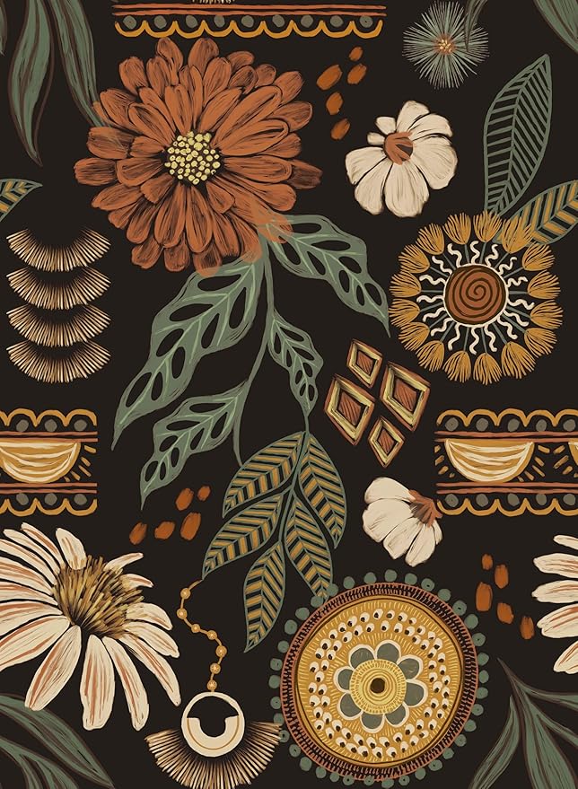 JiffDiff Boho Peel and Stick Wallpaper 17.3" x 120" Vintage Sun Floral Retro by wallpaper