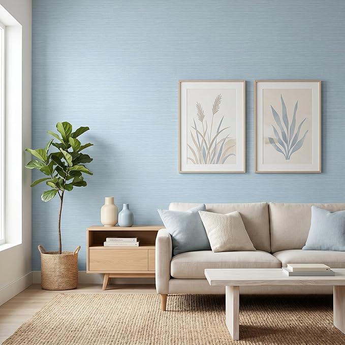 FUKU MON Light Blue Grasscloth Wallpaper Peel and Stick 24" x 394" Thickened - Image 6
