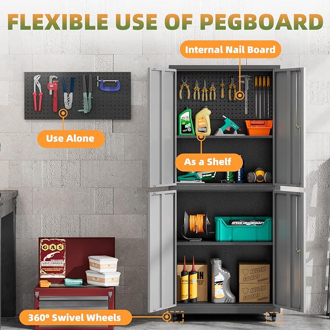 Garage Storage Cabinet with Wheels, Lockable Metal Storage Cabinet - Image 5