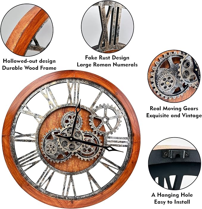 The B-Style Large Wall Clock 24 inch Moving Gear Wall Clock Oversized Vintage - Image 5