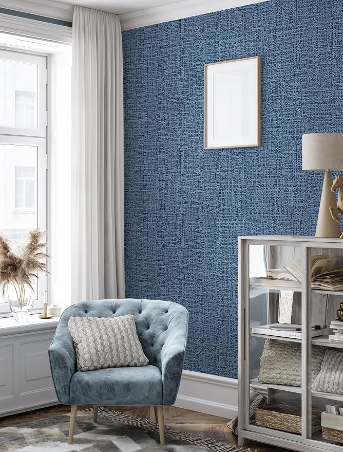 Blue Wallpaper Grasscloth Peel and Stick Wallpaper 17.7inch x 196.8inch - Image 7