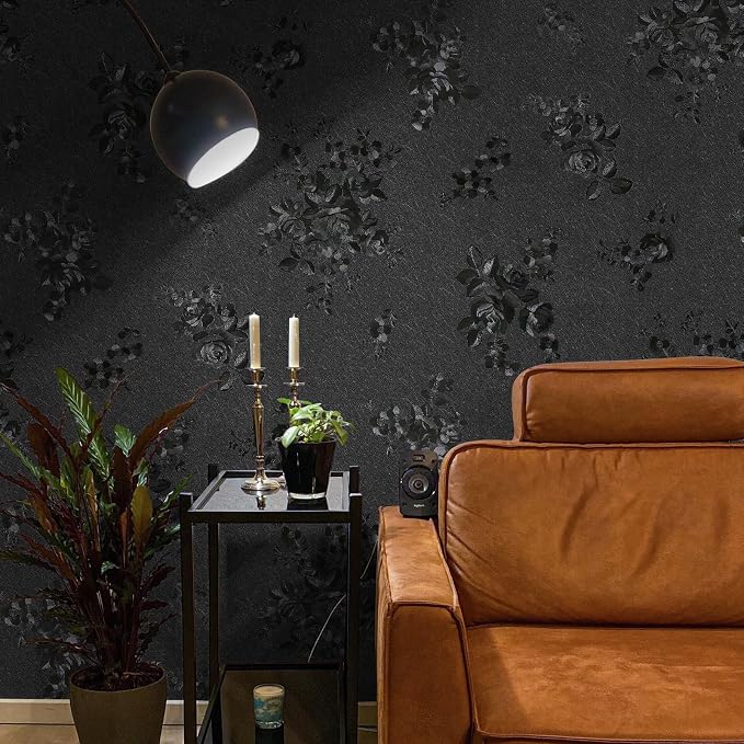 Black Peel and Stick Wallpaper Silk Embossed Floral Contact Paper - Image 5