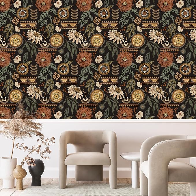 Simon&Siff Boho Peel and Stick Wallpaper, 17.3" x 1200" Sun Floral Retro - Image 6